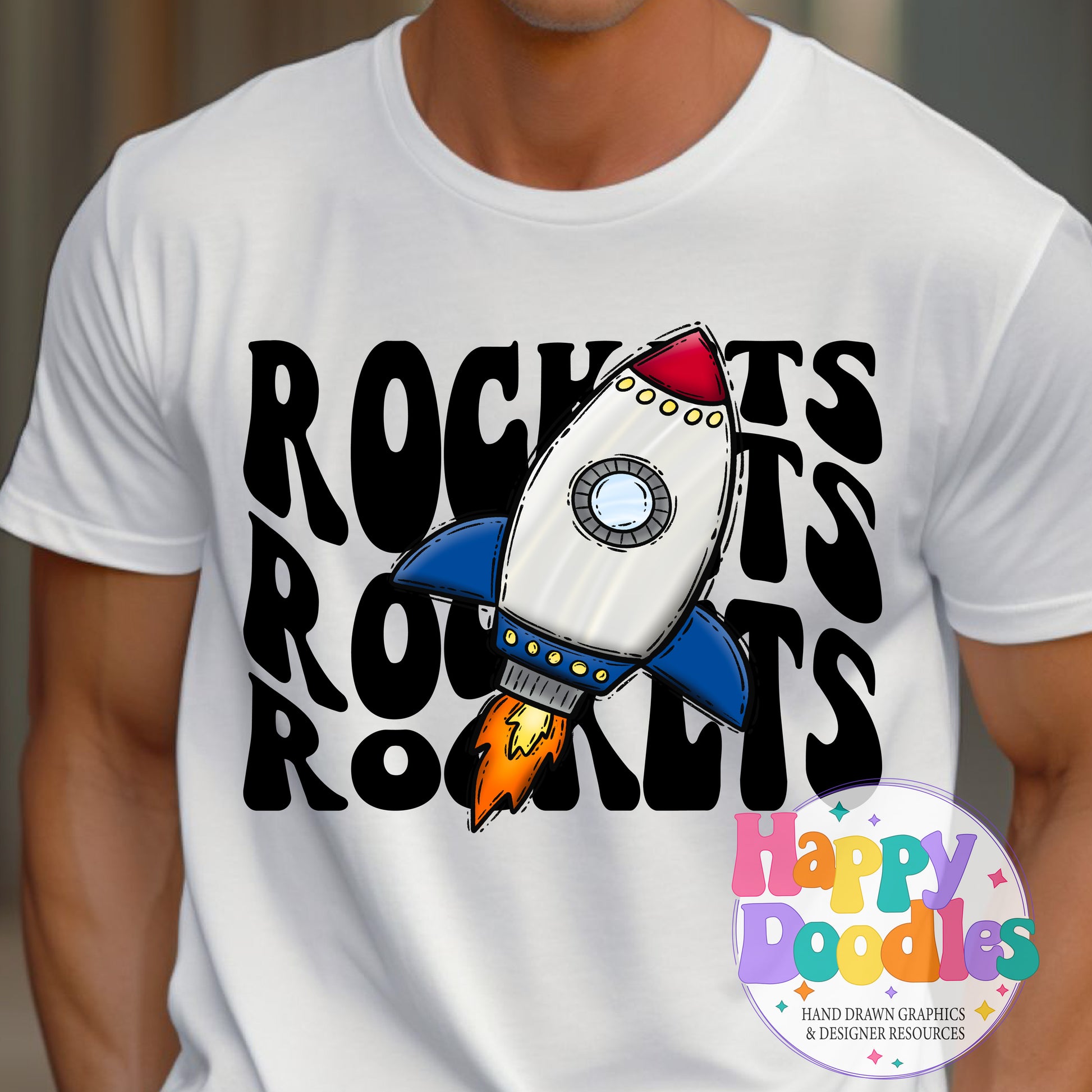 Wavy Retro Rockets Mascot Printable PNG T‑Shirt Design - Happy Doodles Designs
