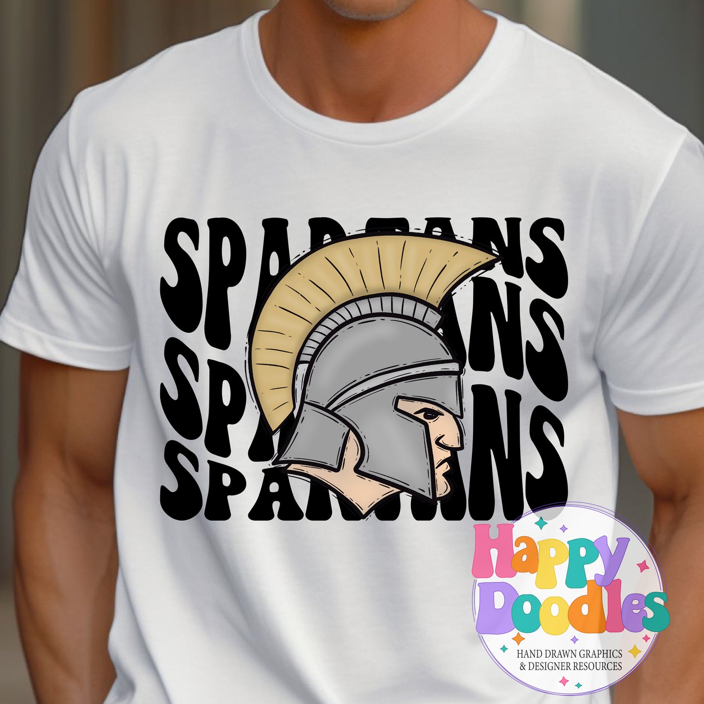 Wavy Retro Spartans Mascot Printable PNG T‑Shirt Design - Happy Doodles Designs