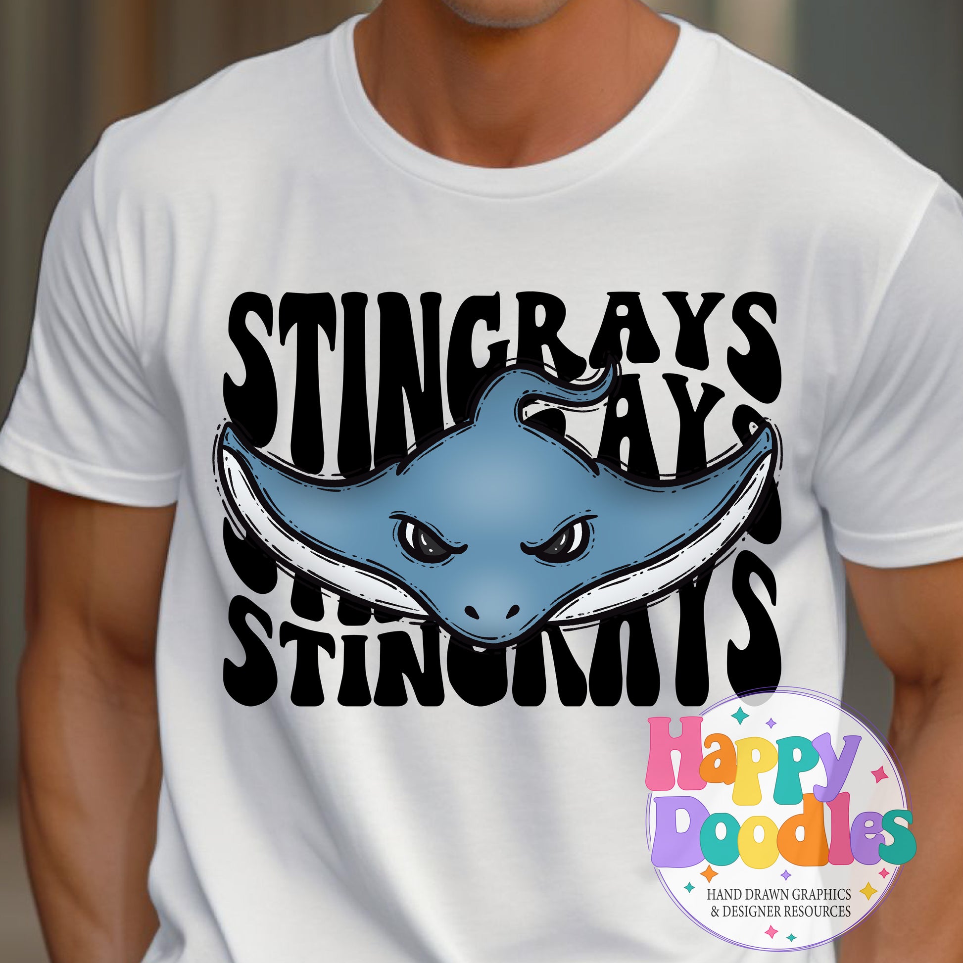 Wavy Retro Stingrays Mascot Printable PNG T‑Shirt Design - Happy Doodles Designs