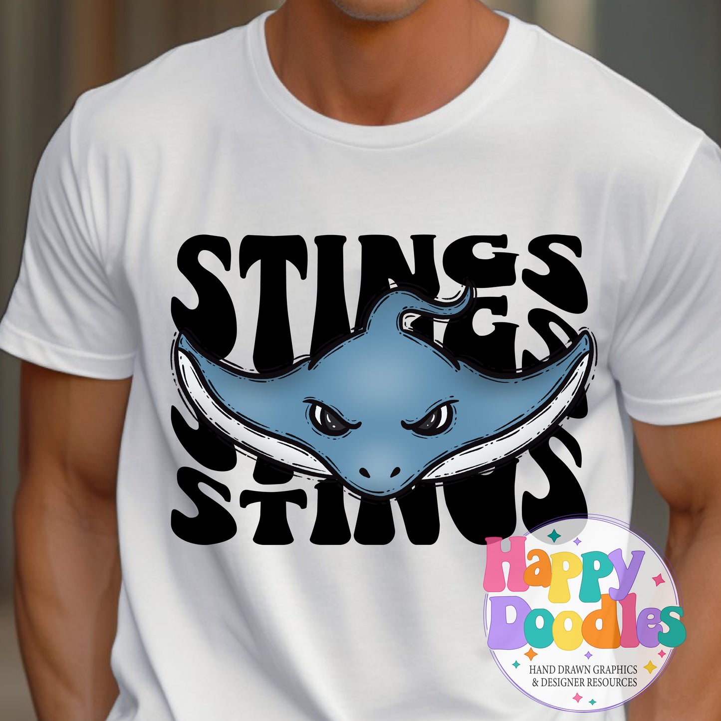 Wavy Retro Stings Mascot Printable PNG T‑Shirt Design - Happy Doodles Designs
