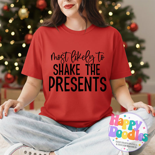 Most Likely to Shake Presents SVG | Holiday Pajama & T‑Shirt Design - Happy Doodles Designs