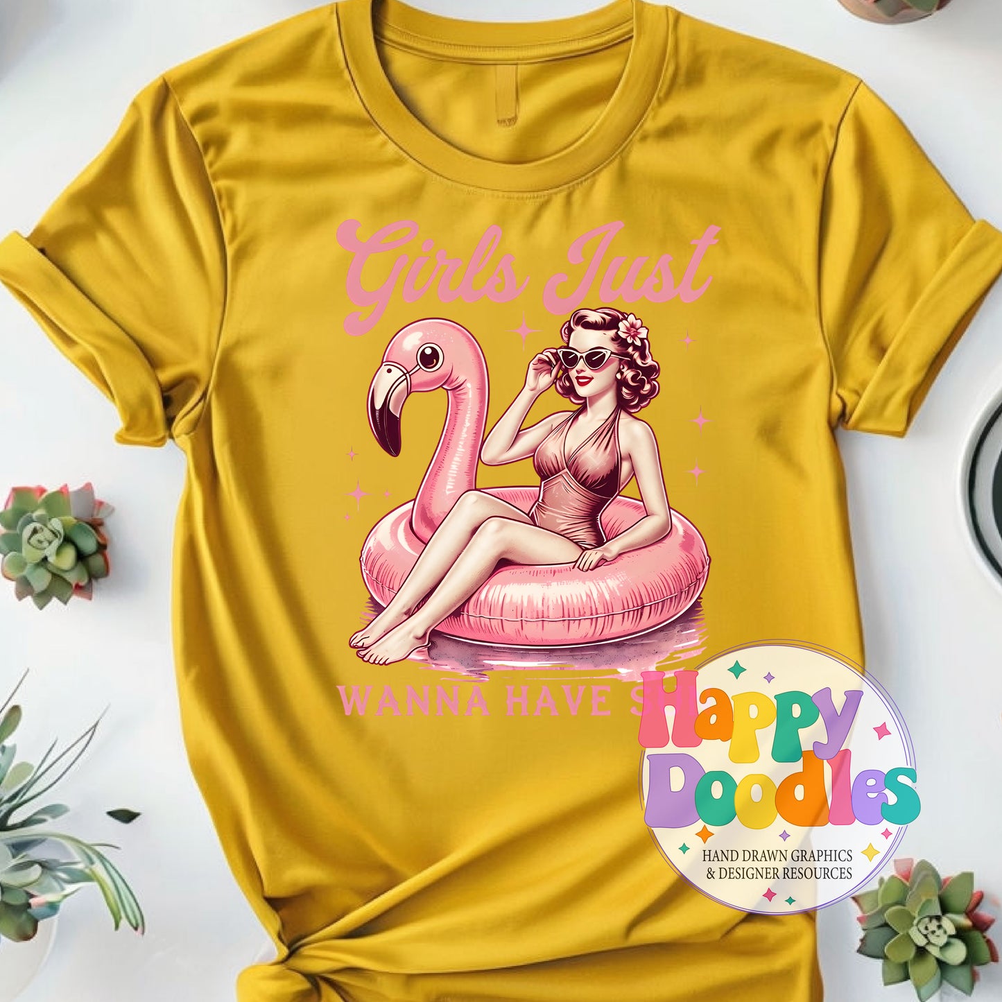 Girls Just Wanna Have Sun Flamingo Float DIY Printable T-Shirt Design - Happy Doodles Designs