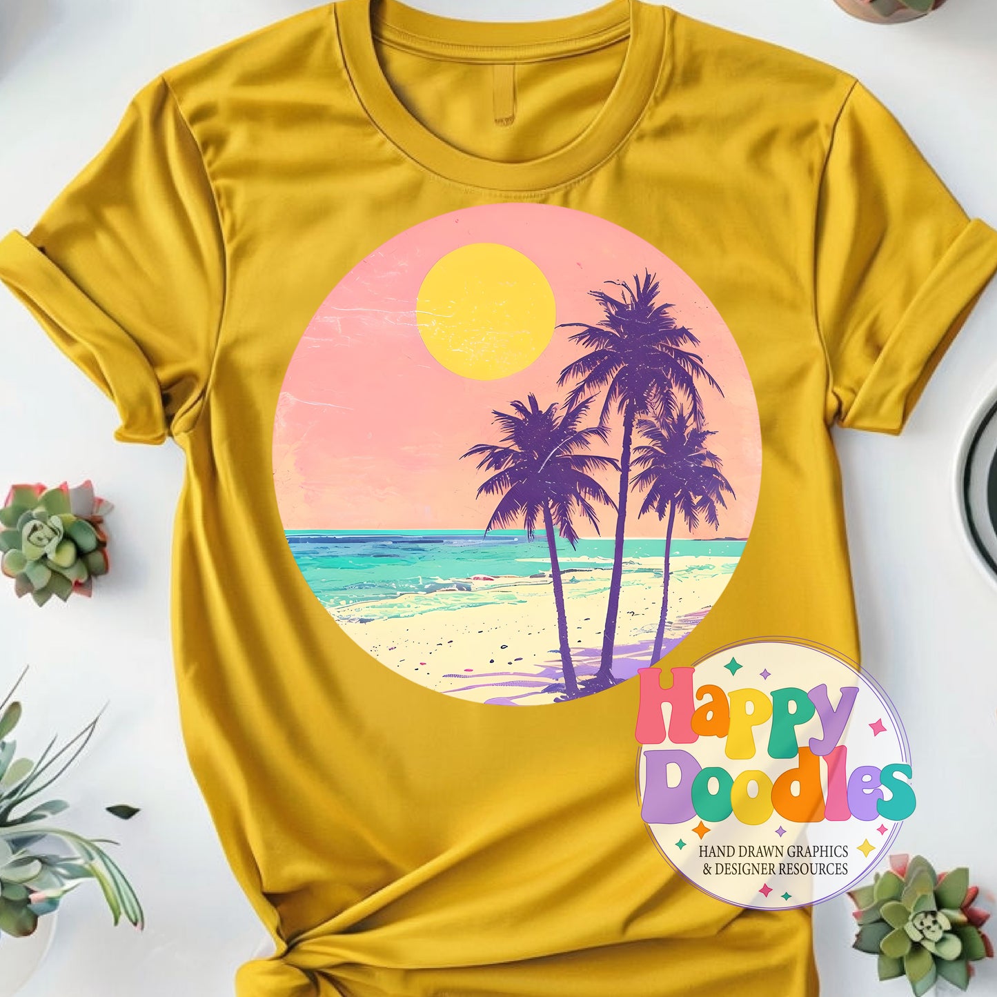 Vintage Pink Palm Tree Background High Resolution Printable PNG - Happy Doodles Designs