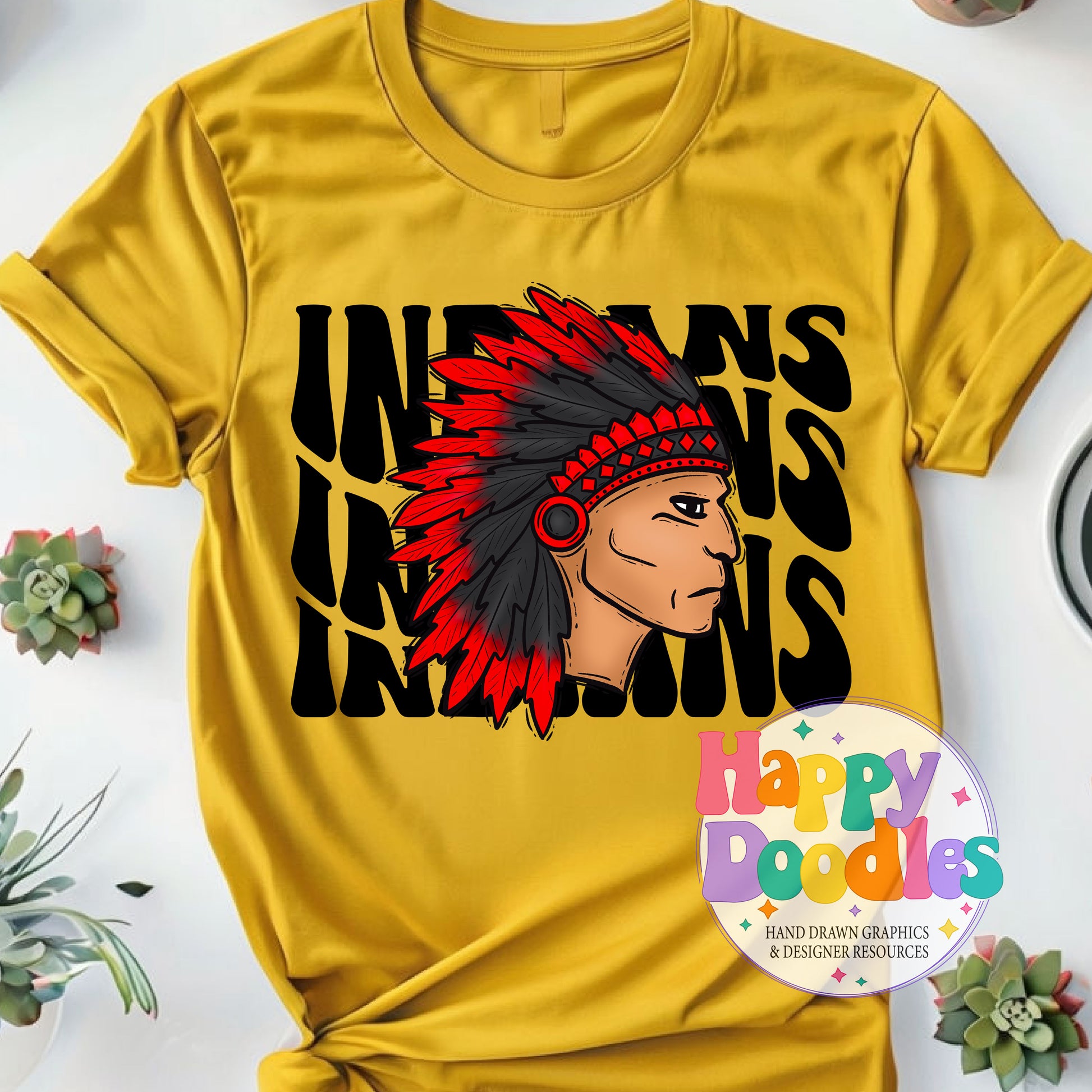 Wavy Retro Indians Mascot Printable PNG - Happy Doodles Designs