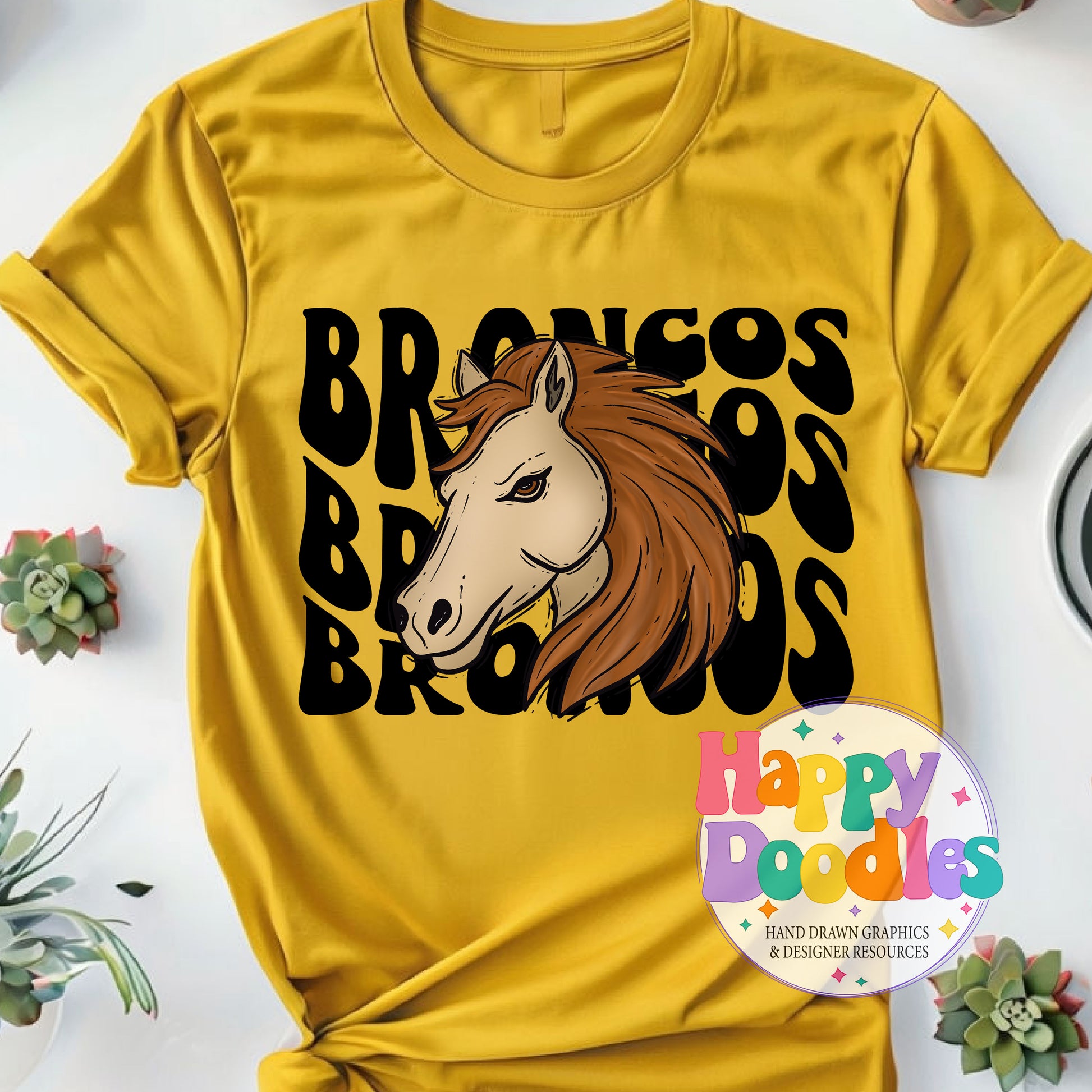 Wavy Retro Broncos Mascot Printable PNG - Happy Doodles Designs