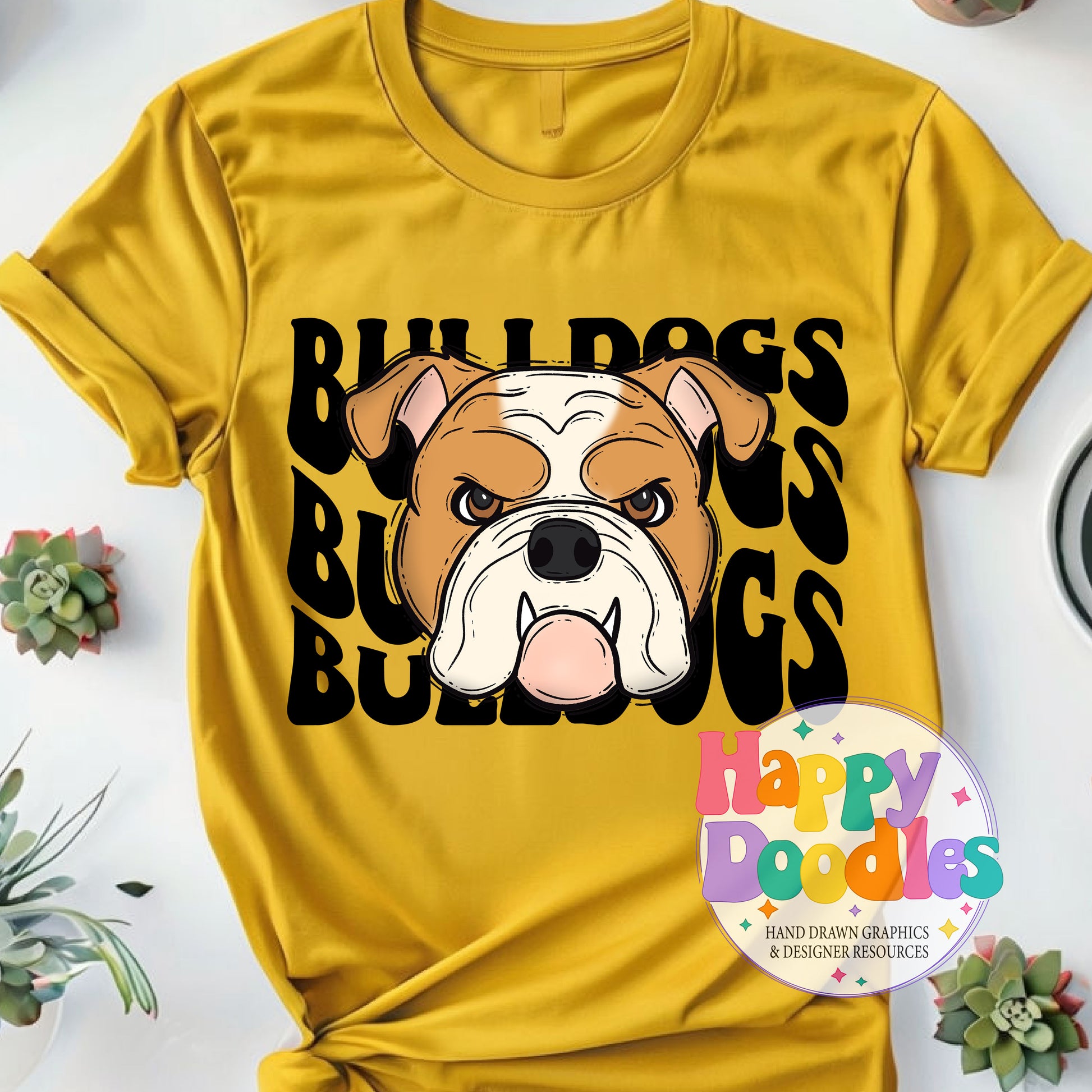 Wavy Retro Bulldogs Mascot DIY Printable T‑Shirt Design - Happy Doodles Designs