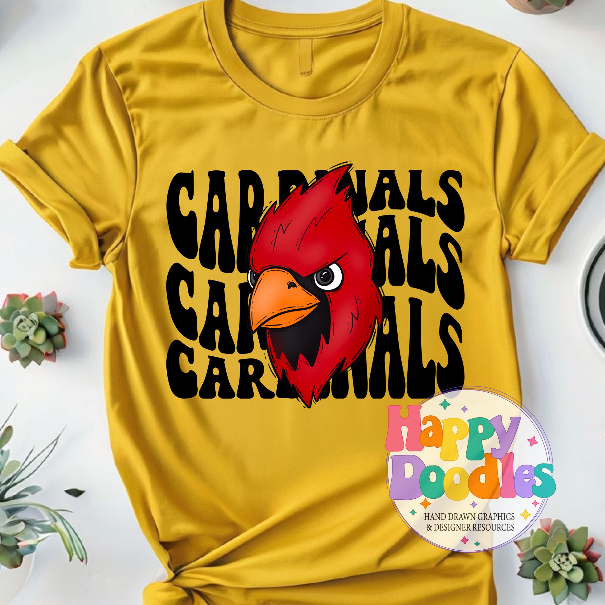 Wavy Retro Cardinals Mascot High Resolution Printable PNG - Happy Doodles Designs