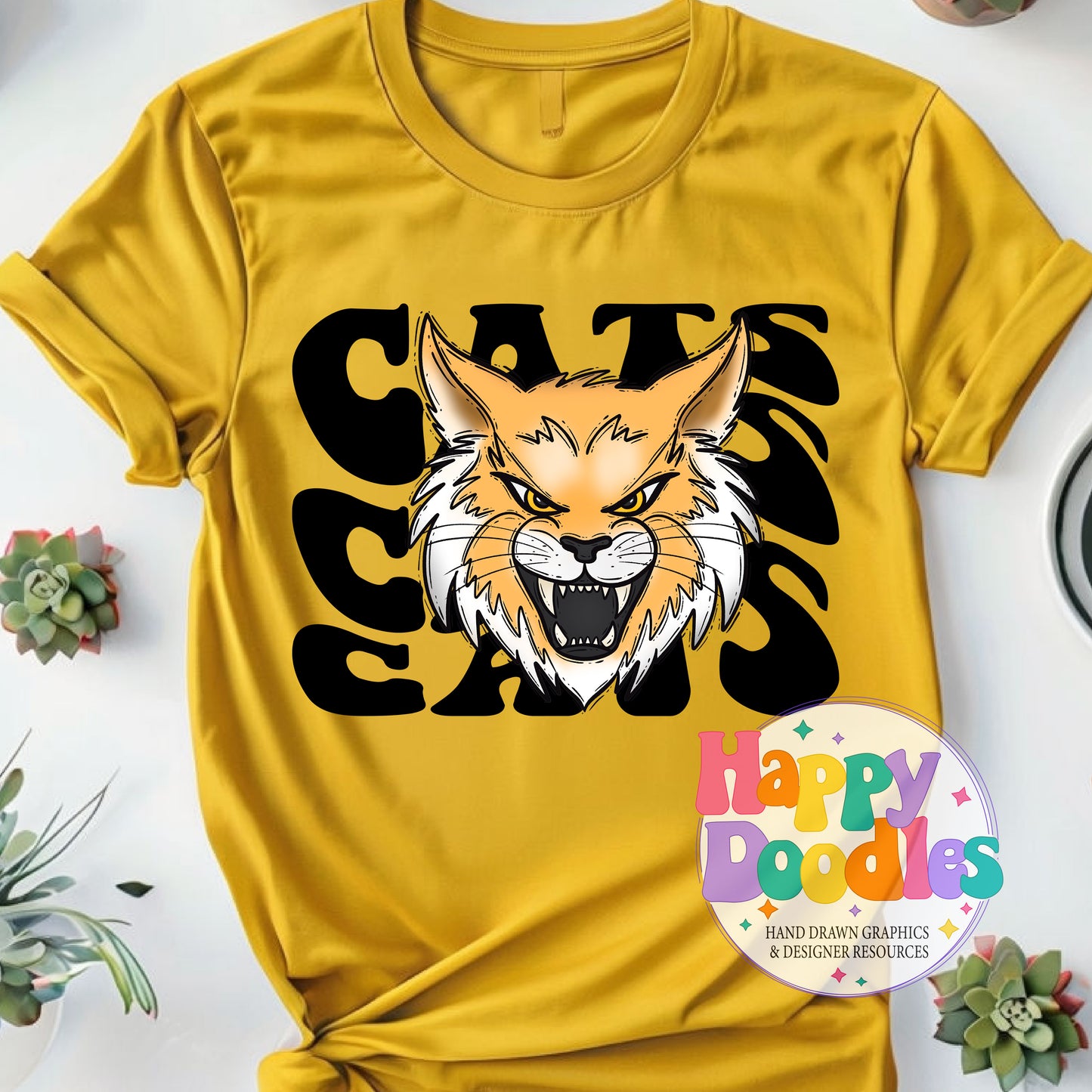Wavy Retro Cats Mascot T‑Shirt Printable PNG Download - Happy Doodles Designs