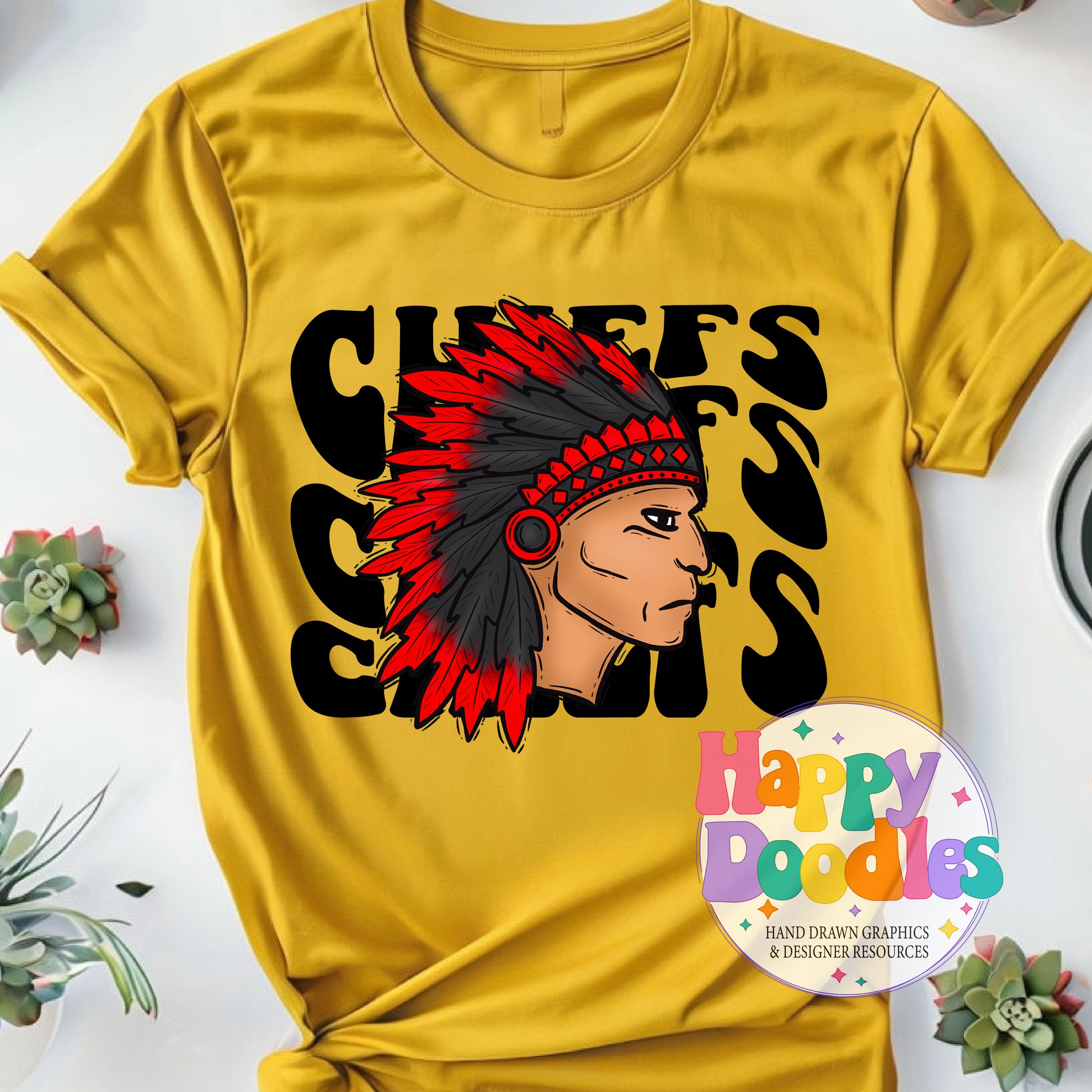 Wavy Retro Chiefs Mascot Printable PNG T‑Shirt Design - Happy Doodles Designs