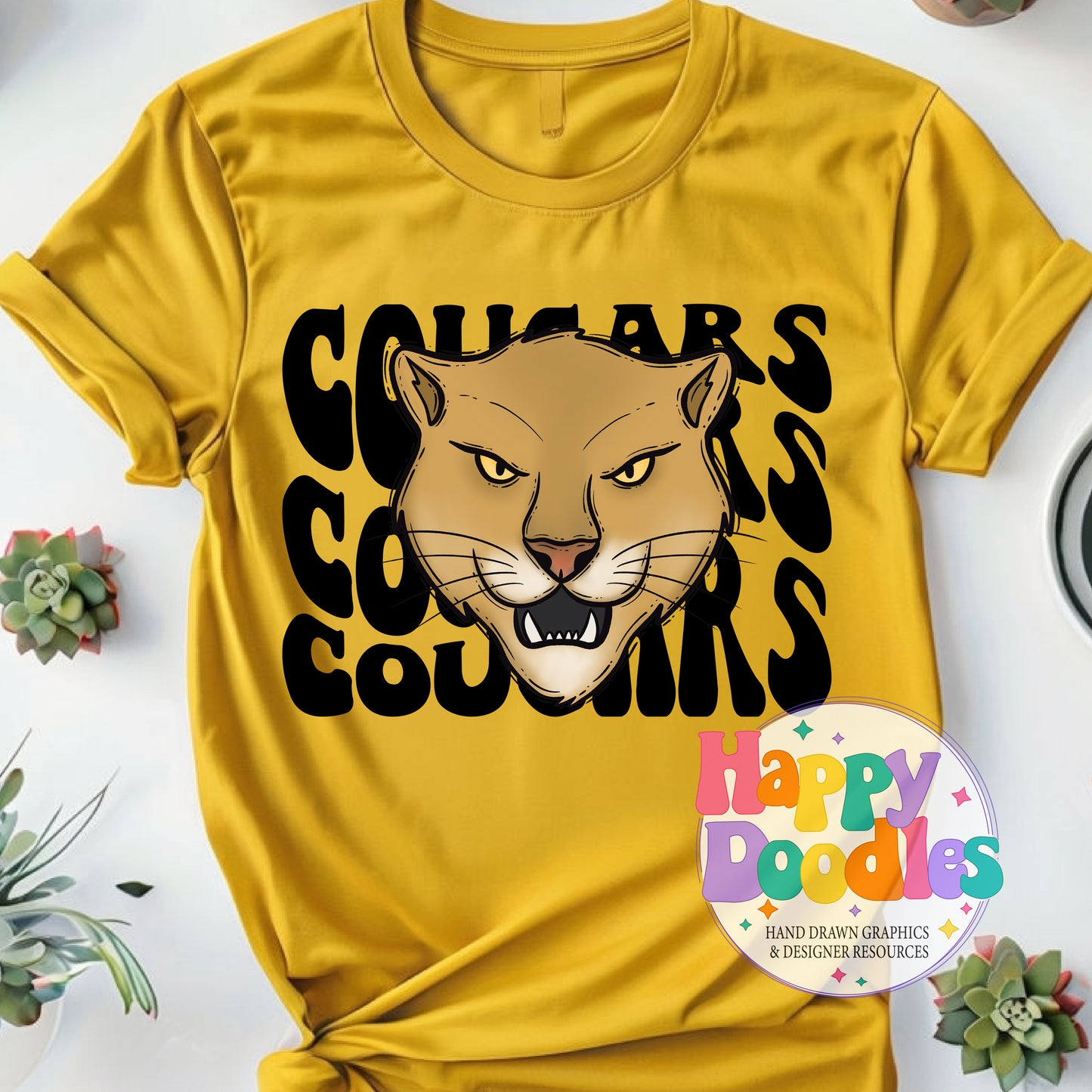 Wavy Retro Cougars Mascot Printable PNG for Sublimation & Crafts - Happy Doodles Designs