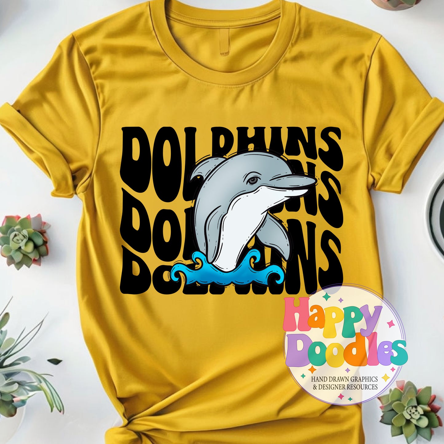 Wavy Retro Dolphins Mascot T‑Shirt Printable PNG Download - Happy Doodles Designs