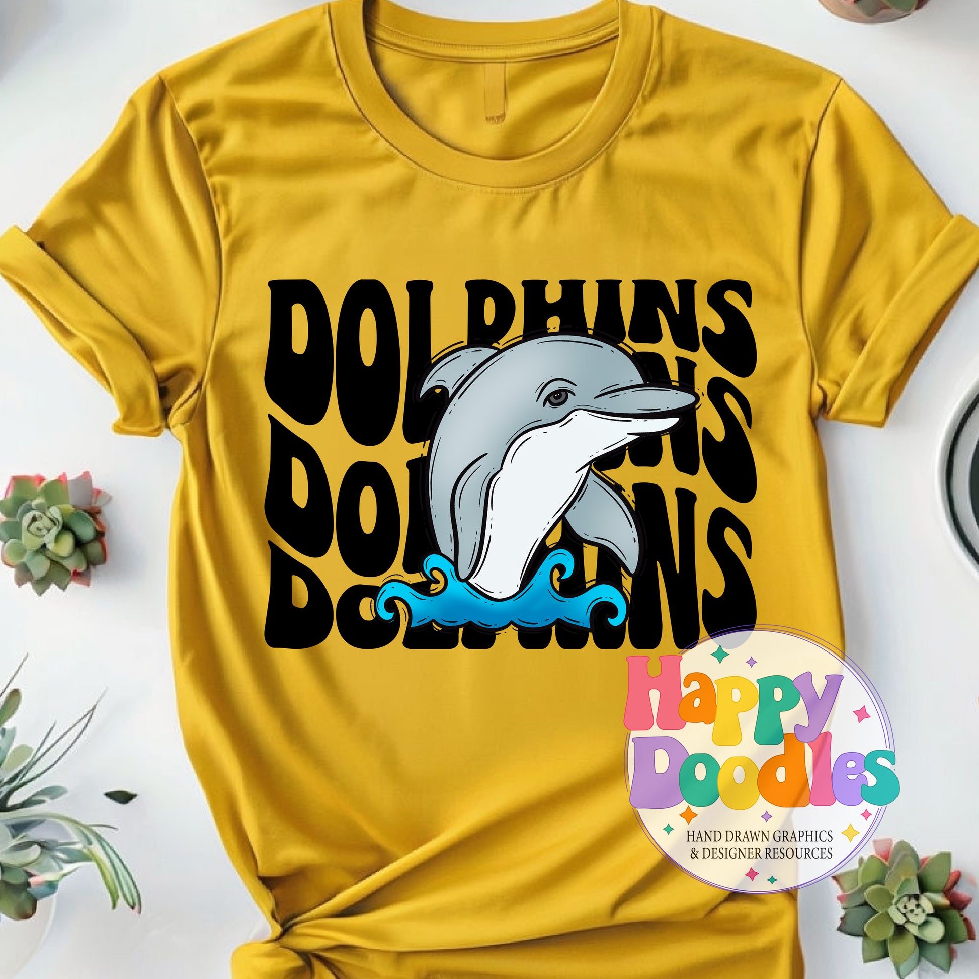 Wavy Retro Dolphins Mascot T‑Shirt Printable PNG Download - Happy Doodles Designs
