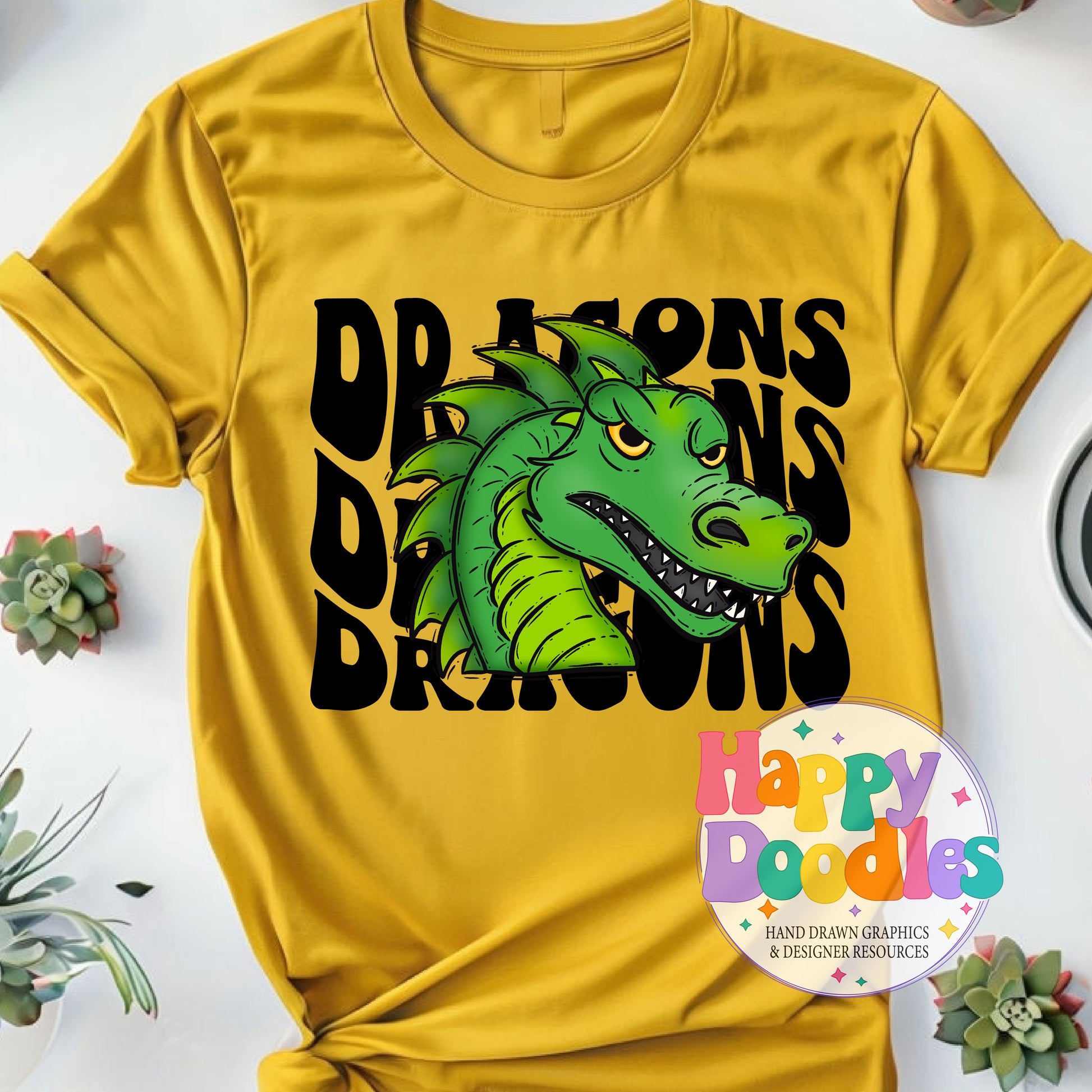 Wavy Retro Dragons Mascot Printable PNG - Happy Doodles Designs