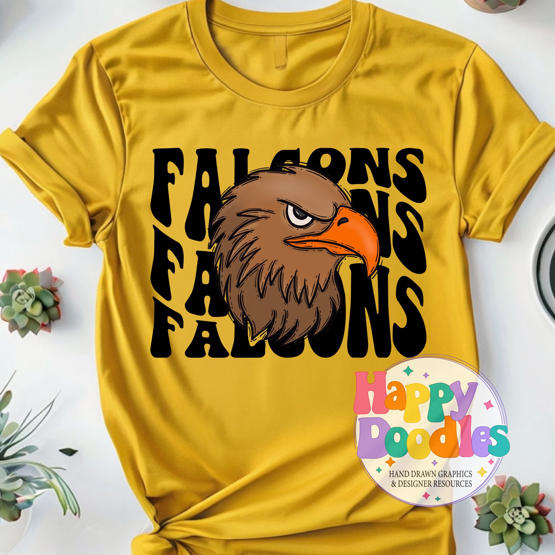 Wavy Retro Falcons Mascot DIY Printable T‑Shirt Design - Happy Doodles Designs