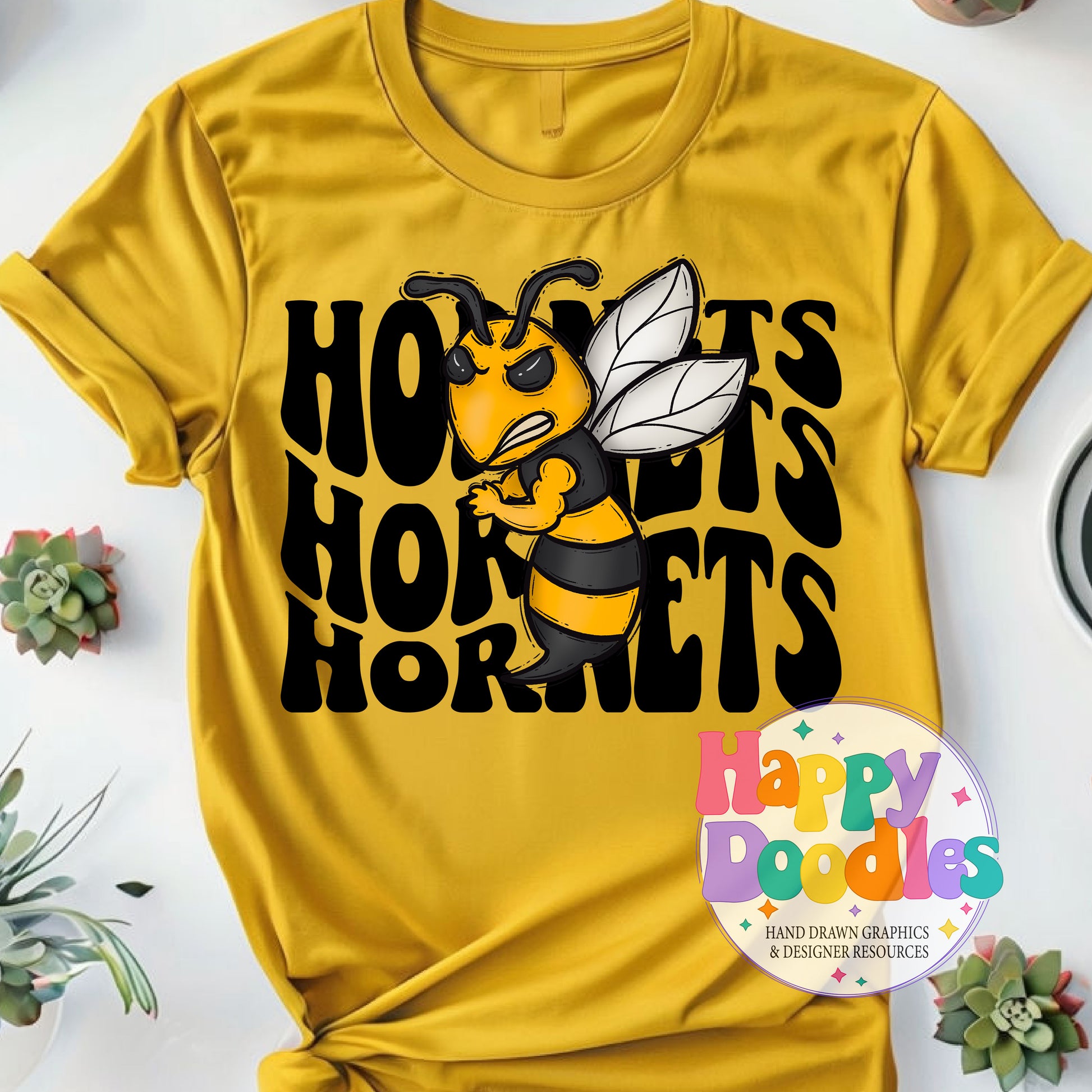 Wavy Retro Hornets Mascot Printable PNG for Sublimation & Crafts - Happy Doodles Designs