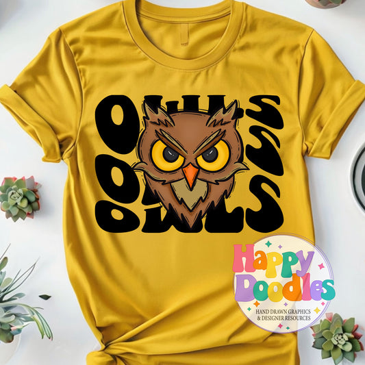 Wavy Retro Owls Mascot DIY Printable T‑Shirt Design - Happy Doodles Designs