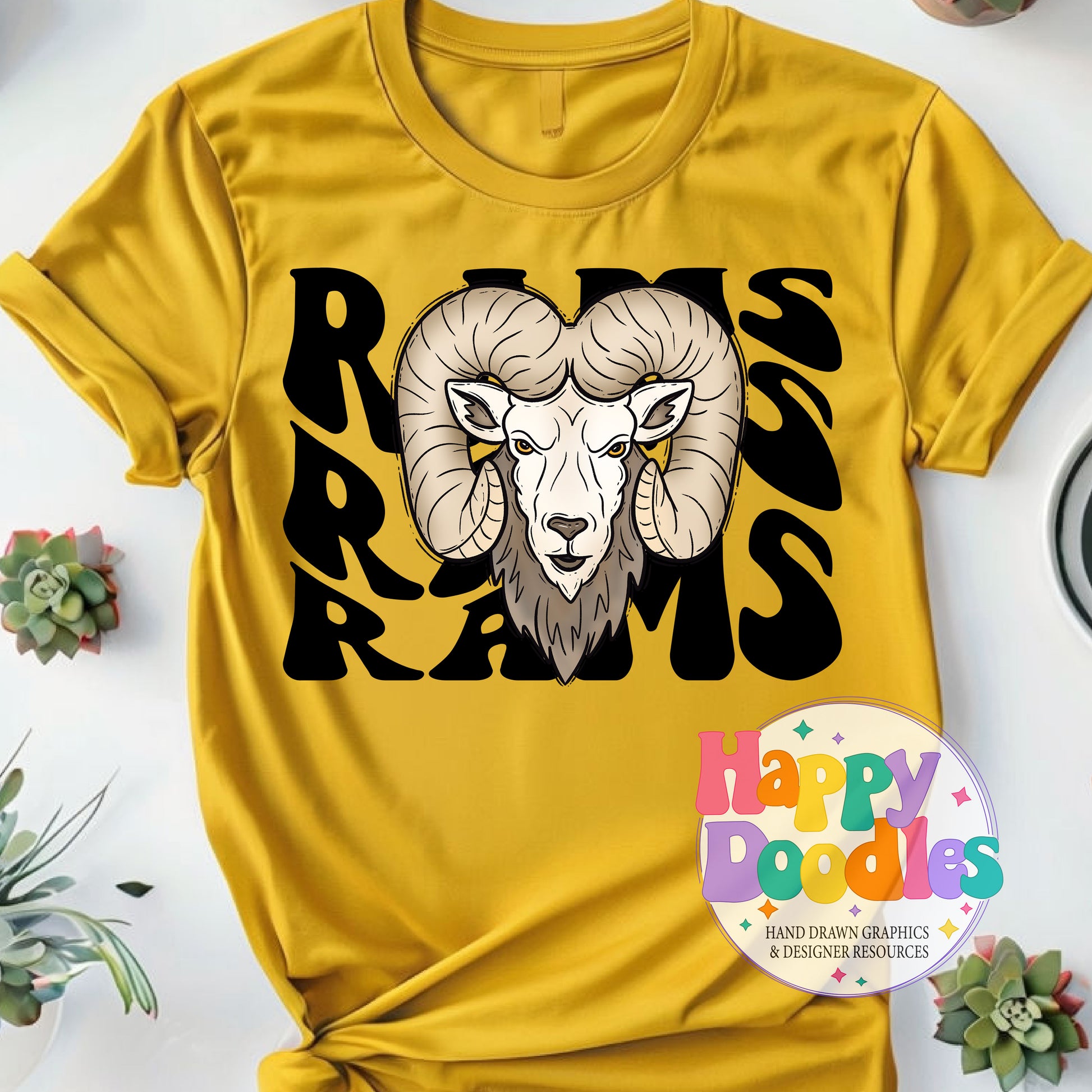 Wavy Retro Rams Mascot Printable PNG for Sublimation & Crafts - Happy Doodles Designs