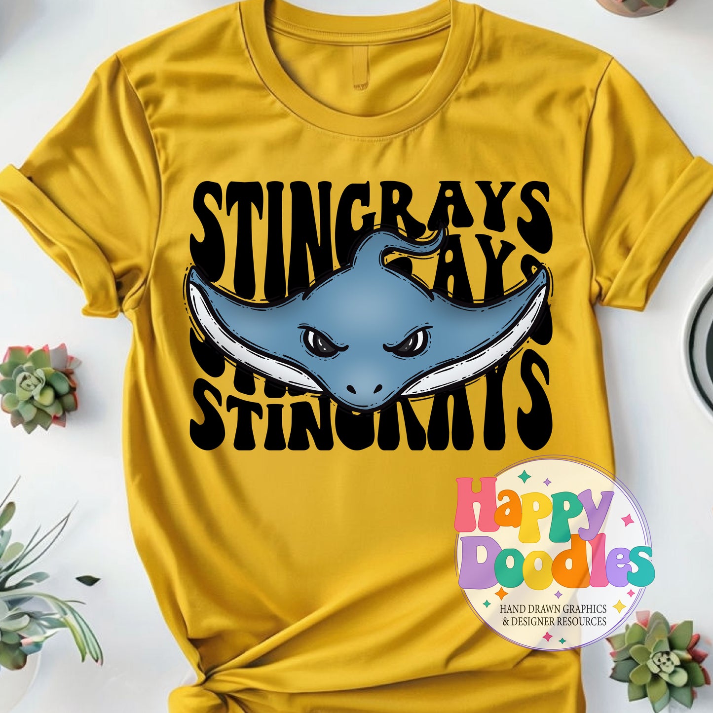 Wavy Retro Stingrays Mascot Printable PNG T‑Shirt Design - Happy Doodles Designs