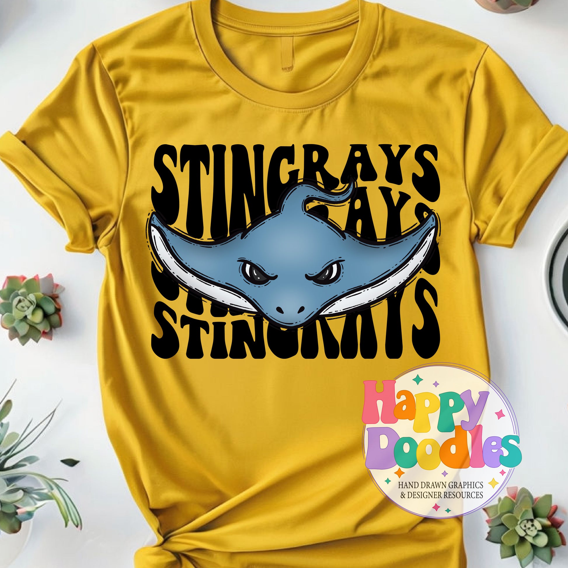 Wavy Retro Stingrays Mascot Printable PNG T‑Shirt Design - Happy Doodles Designs