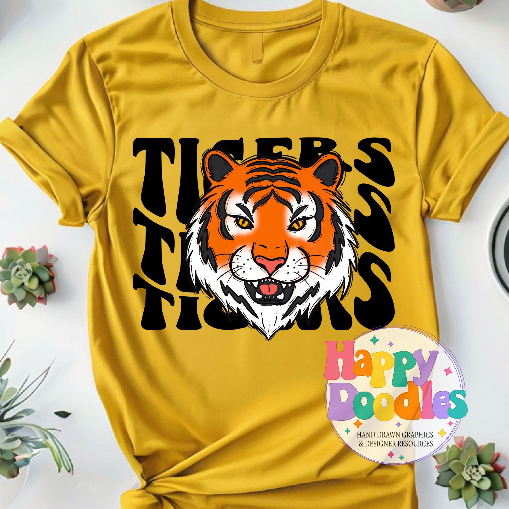 Wavy Retro Tigers Mascot Printable PNG for Sublimation & Crafts - Happy Doodles Designs
