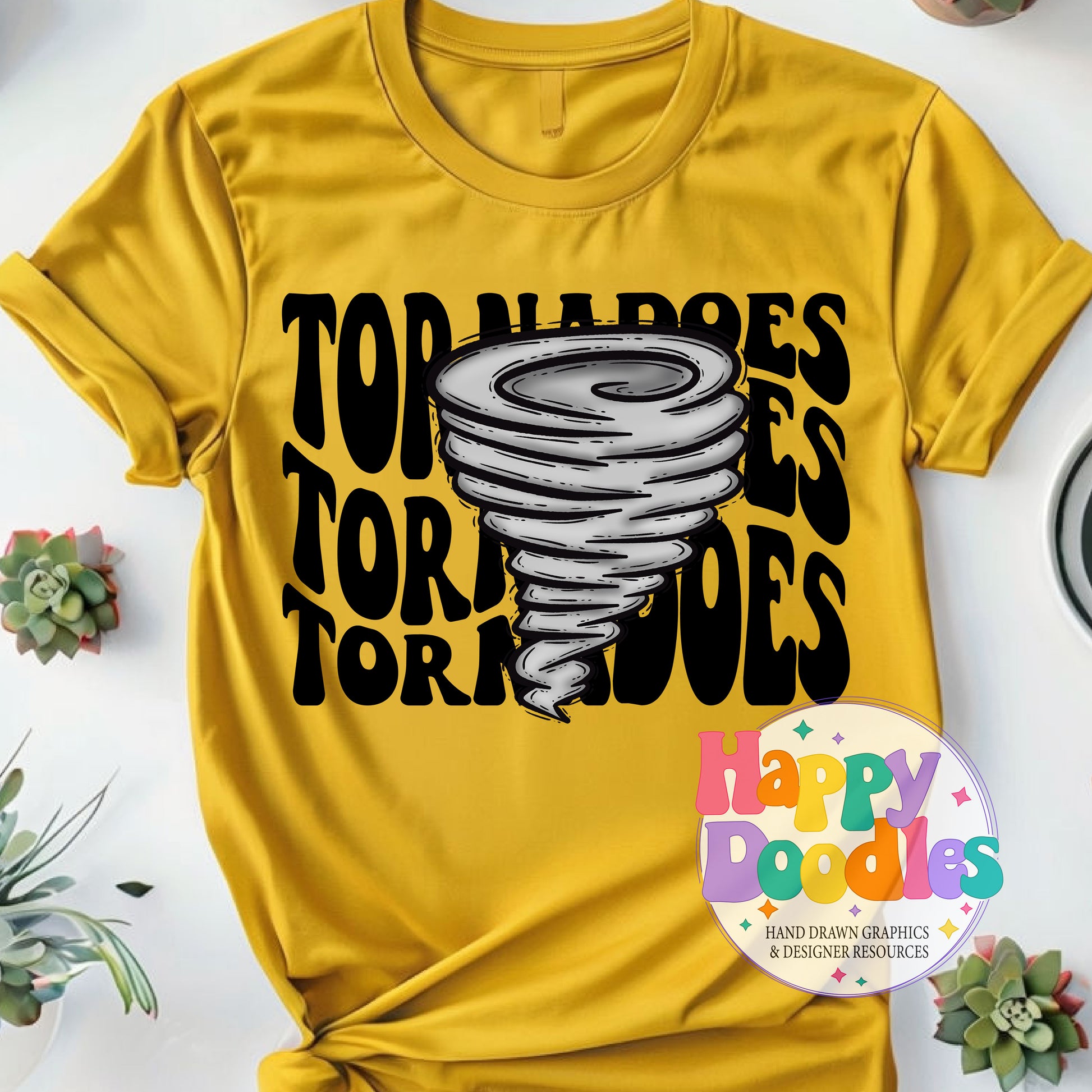 Wavy Retro Tornadoes Mascot Printable PNG T‑Shirt Design - Happy Doodles Designs