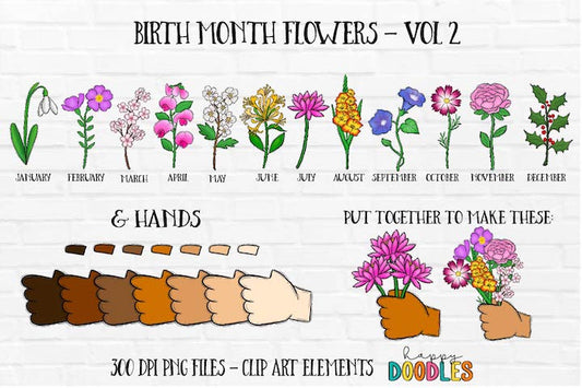 Birth Month Flowers Bundle Vol 2 - Hand Drawn Commercial Use Clipart Graphics