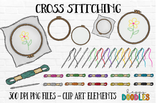 Cross Stitching Crafting Bundle- Hand Drawn Commercial Use Clipart Graphics