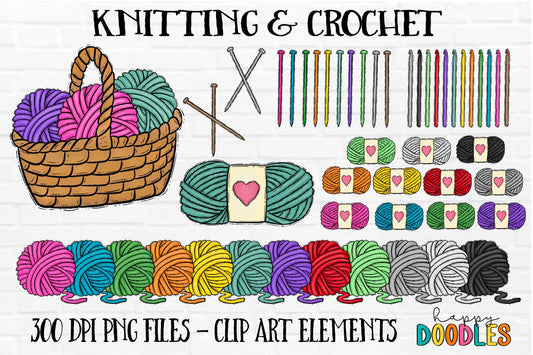 Knitting & Crochet Crafting Bundle- Hand Drawn Commercial Use Clipart Graphics