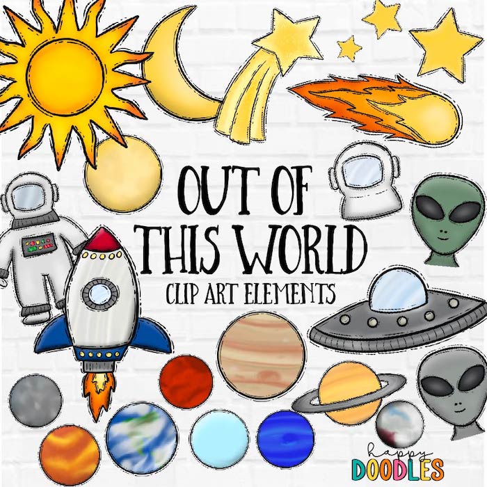 Out Of This World Space Bundle- Hand Drawn Commercial Use Clipart Graphics